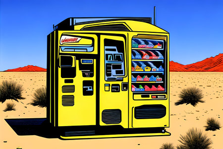 Vending machine and ATM in the desert. Hopeless undertaking concept. AI Generativeの素材