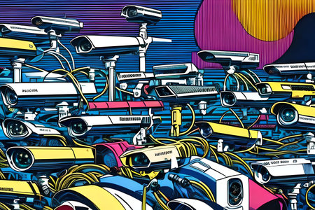 Plenty of CCTV cameras. Retro comic book style. Generative AIの素材
