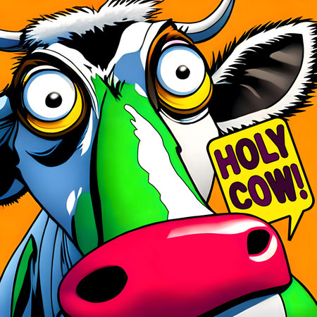 Holy Cow! - Quite surprised cow close-up. Retro comic book style. Generative AIの素材