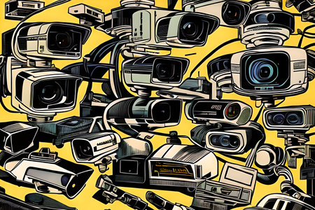 Multitude of CCTV cameras. Retro style. Generative AIの素材
