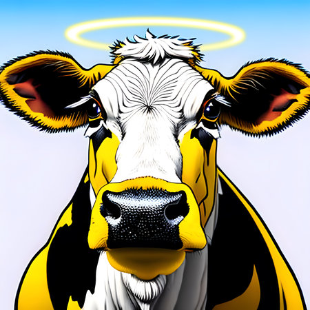 Holy Cow - Yellow cow with nimbus close-up. Generative AIの素材
