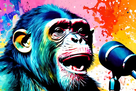 Monkey orator giving a speech with microphone. Graffiti style. Generative AIの素材