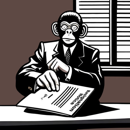 Monkey in office with resignation notice. Retro comic book style. Generative AIの素材
