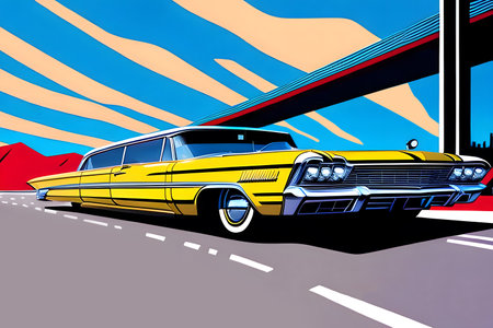 Imaginary retro car on high-way. Vintage comics book style. Generative AIの素材