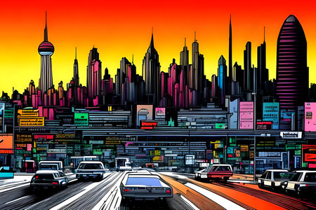 Futuristic city skyline at sunset and highway traffic. Generative AI cityscapeの素材