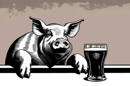 Fat pig with glass of beer at the bar counter. Vintage comic book style. Generative AIの素材