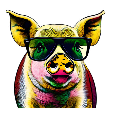 Cute pig with big sunglasses isolated on the white background. Generative AIの素材