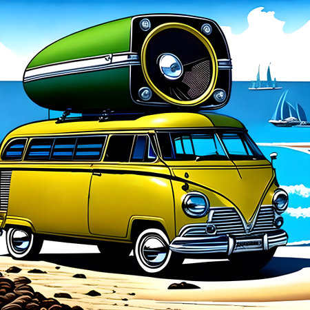 Hippy fantasy van car with big audio speaker by the sea. Generative AIの素材