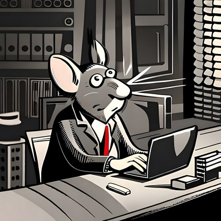 Office rat with computer. Retro comic book style. Generative AIの素材