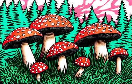 Fly agarics in the woods. Generative AIの素材