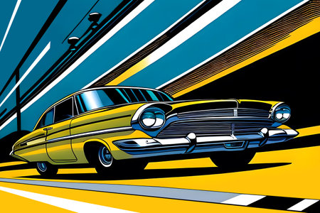 Fantasy vintage car on highway. Retro comics book style. Generative AIの素材
