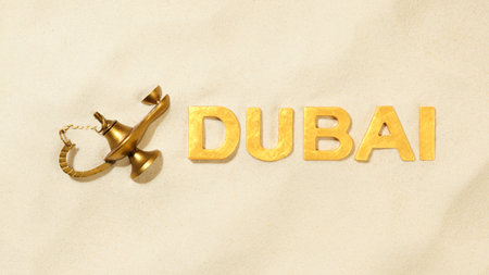 Dubai - Name of the city with old magical oil lamp in the sandの写真素材