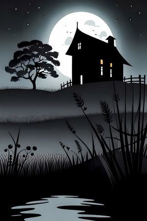 Scary haunted house by swamp.  Generative AI illustration, book cover designの素材