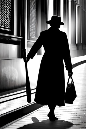 Black silhouette of old lady with baseball bat in the night city street. Generative AI illustrationの素材