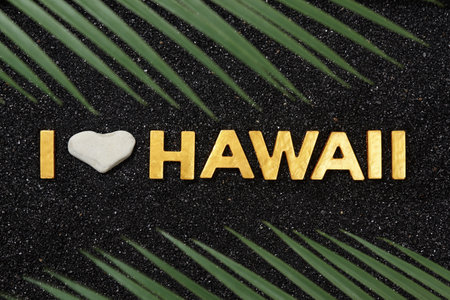 I Love Hawaii - Text in the black beach sand and palm leavesの写真素材