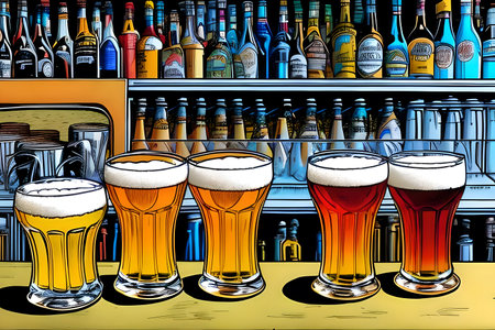 Beer glasses on the bar counter and many bottles in the background. Generative AI illustrationの素材