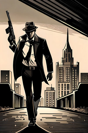 Figure of man with submachine gun in the city street. Generative AI illustration, book cover designの素材