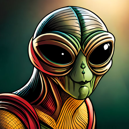 Funny green big-eyed alien. Generative AI illustrationの素材