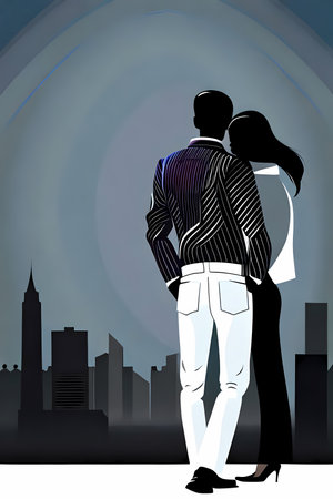 Romantic couple and the city skyline. Generative AI illustration, love story book cover designの素材