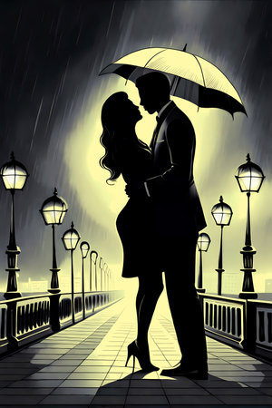 Silhouette of a couple hugging under umbrella in the rain on the bridge with vintage street lights. Retro style generative AI illustration, love story book cover or poster designの素材