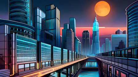 Imaginary modern city at moonlit night. Generative AI illustrationの素材