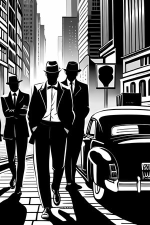 Mafia - Silhouettes of mobsters going by the city street. Noir retro comic book style generative AI illustration, book cover designの素材