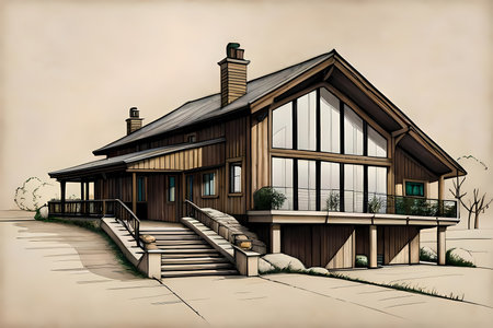 Wooden country house.  Architectural drawing style generative AI illustrationの素材