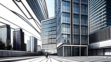 City with modern office buldings.  Architectural drawing style generative AI illustration, cityscapeの素材