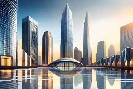 Fantasy modern city at morning dawn with water reflection.  Generative AI illustration, cityscapeの素材