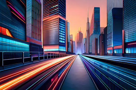 Imaginary city at twilight. Perspective of urban street. Generative AI illustrationの素材