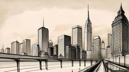 Metropolis - Imaginary city skyline.  Sketch drawing style generative AI illustrationの素材