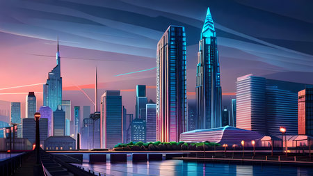 Panoramic view of imaginary modern city at dusk. Generative AI illustrationの素材