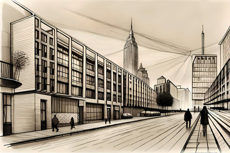 Perspective of a wide street in imaginary city.  Sketch drawing style generative AI illustrationの素材