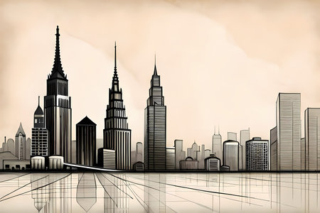Fantasy city skyline.  Sketch drawing style generative AI illustrationの素材