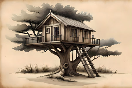 Treehouse - Wooden tiny house with ladder on the tree branches. Drawing style generative AI illustrationの素材