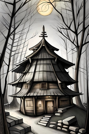 Fairytale hut of witch in dark gloomy forest. Generative AI illustration, fairy tales book cover designの素材