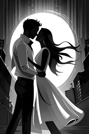 Silhouette of embracing young couple in the city street in the moonlight. Generative AI illustration, love story book cover designの素材
