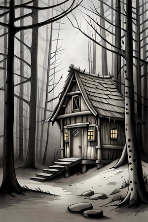Fairytale small hut in dark gloomy woods. Generative AI illustration, fairy tales book cover designの素材