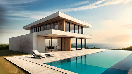 Contemporary villa with pool on the sea coast.  Architectural drawing style generative AI illustrationの素材