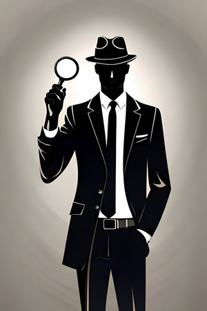 Detective or investigator with magnifying glass. Generative AI illustration, book cover designの素材