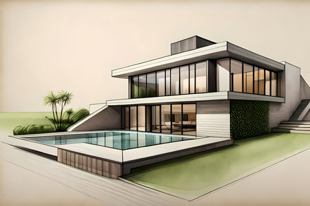 Contemporary detached house with pool.  Architectural drawing style generative AI illustrationの素材