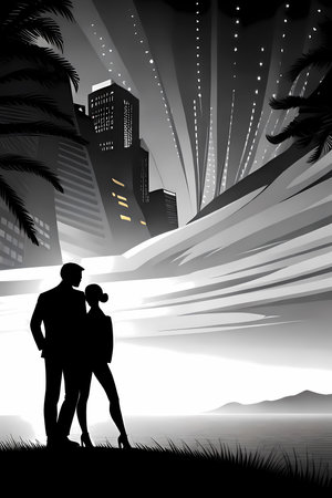 Silhouette of young couple. Generative AI illustration, love story book cover designの素材
