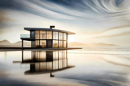 Contemporary villa of glass by the water edge.  Architectural drawing style generative AI illustrationの素材