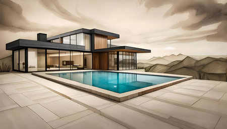Contemporary villa with pool.  Architectural drawing style generative AI illustrationの素材