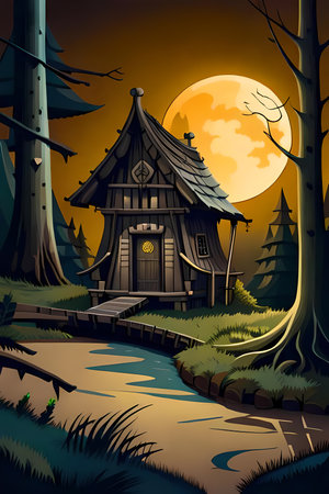 Fairytale landscape with wooden hut in forest at moonlit night. Generative AI illustration, fairy tales book cover designの素材