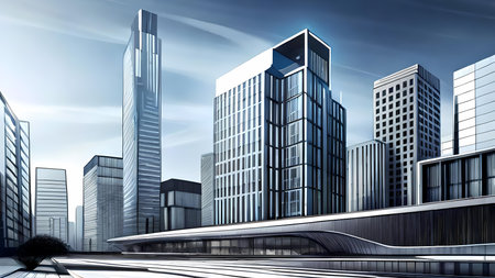 Cityscape with office buildings.  Architectural drawing style generative AI illustrationの素材