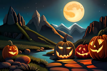Lanscape with scary jack-o-lanterns at moonlit Halloween night. Generative AI illustrationの素材