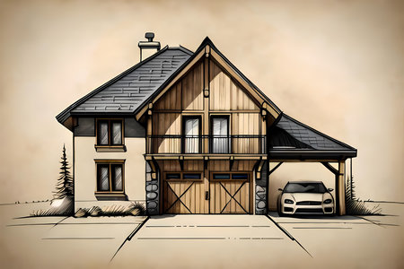 Fantasy detached house with parking lot.  Architectural sketch drawing style generative AI illustrationの素材