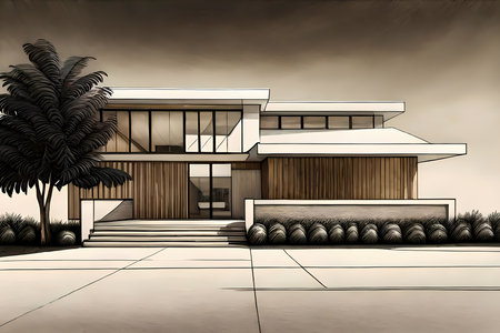 Contemporary luxury villa.  Architectural drawing style generative AI illustrationの素材