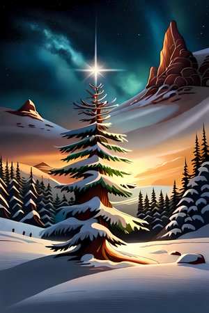 Fairytale landscape with Christmas tree and the shining star of Bethlehem in the sky. Generative AI illustrationの素材